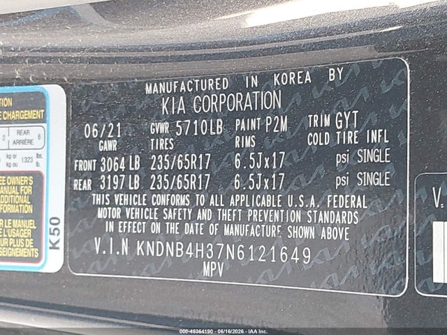 45364190 :رقم المزاد ، KNDNB4H37N6121649 vin ، 2022 Kia Carnival Mpv Lx Seat Package مزاد بيع