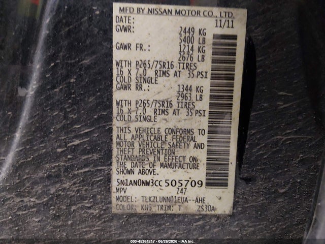 2012 Nissan Xterra Pro-4x მანქანა იყიდება აუქციონზე, vin: 5N1AN0NW3CC505709, აუქციონის ნომერი: 45364217