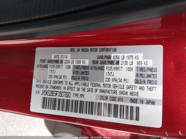 45364228 :رقم المزاد ، JM3KE2BE9F0507820 vin ، 2015 Mazda Cx-5 Sport مزاد بيع