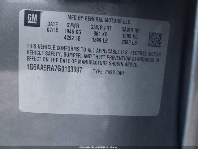 2016 Cadillac Ats Standard მანქანა იყიდება აუქციონზე, vin: 1G6AA5RA7G0103097, აუქციონის ნომერი: 45364229