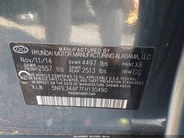 45364262 :رقم المزاد ، 5NPE34AF7FH130490 vin ، 2015 Hyundai Sonata Sport مزاد بيع