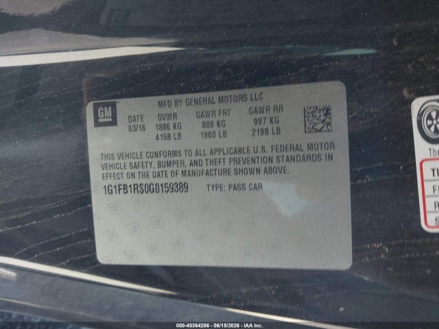 Продажа на аукционе авто 2016 Chevrolet Camaro 1lt, vin: 1G1FB1RS0G0159389, номер лота: 45364286