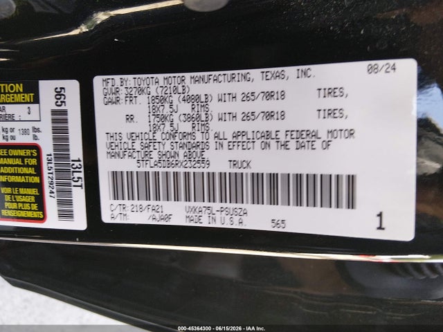 Продаж на аукціоні авто 2024 Toyota Tundra Sr5, vin: 5TFLA5DB6RX232559, номер лоту: 45364300