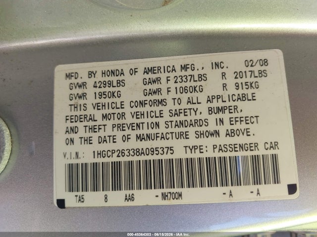 Aukcja sprzedaży 2008 Honda Accord 2.4 Lx, vin: 1HGCP26338A095375, numer aukcji: 45364303