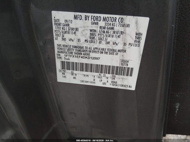 2013 Ford F-150 Xlt მანქანა იყიდება აუქციონზე, vin: 1FTFX1EF4DKD12597, აუქციონის ნომერი: 45364316