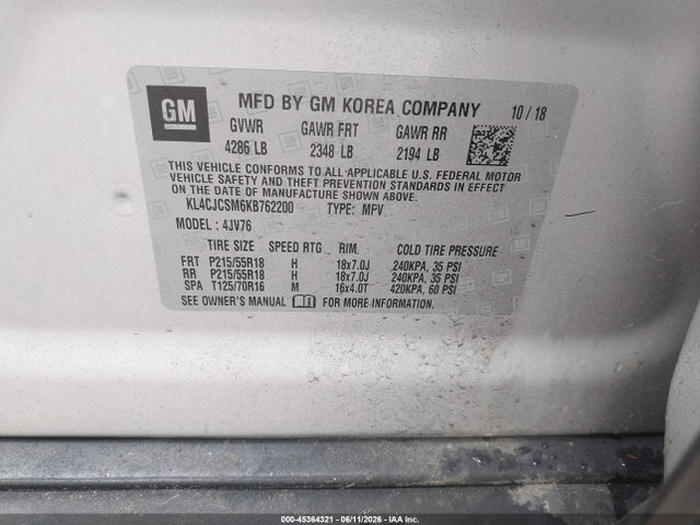 45364321 :رقم المزاد ، KL4CJCSM6KB762200 vin ، 2019 Buick Encore Fwd Essence مزاد بيع
