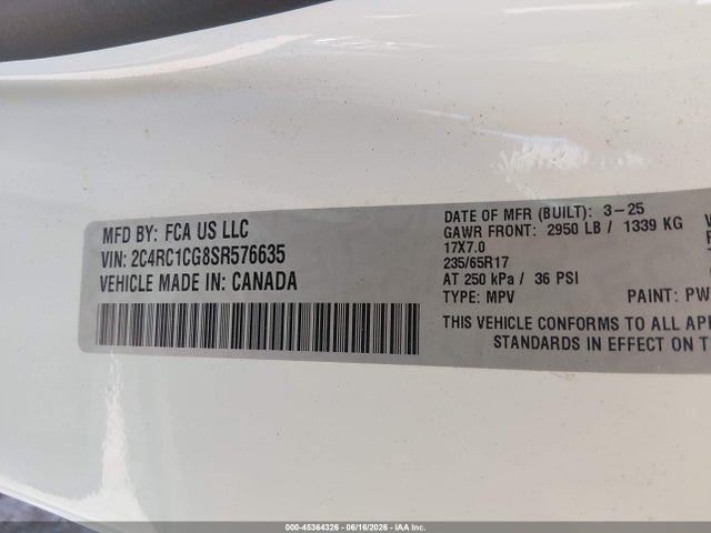 45364326 :رقم المزاد ، 2C4RC1CG8SR576635 vin ، 2025 Chrysler Voyager Lx مزاد بيع