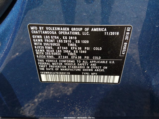 Продажа на аукционе авто 2019 Volkswagen Atlas 3.6l V6 Se W/technology, vin: 1V2WR2CA7KC520115, номер лота: 45364327