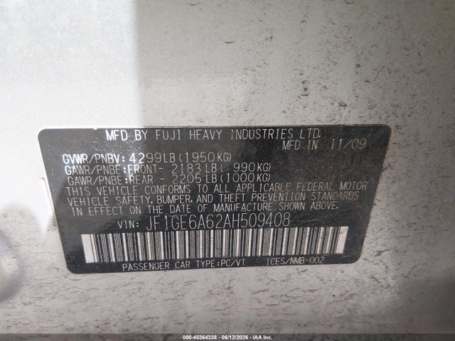 Aukcja sprzedaży 2010 Subaru Impreza 2.5i, vin: JF1GE6A62AH509408, numer aukcji: 45364338