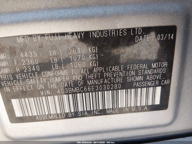 Auction sale of the 2014 Subaru Legacy 2.5i Premium, vin: 4S3BMBC66E3030280, lot number: 45364339