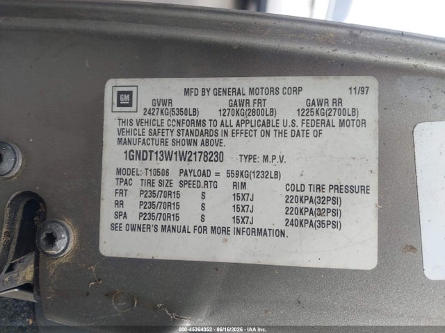 45364352 :رقم المزاد ، 1GNDT13W1W2178230 vin ، 1998 Chevrolet Blazer Lt مزاد بيع