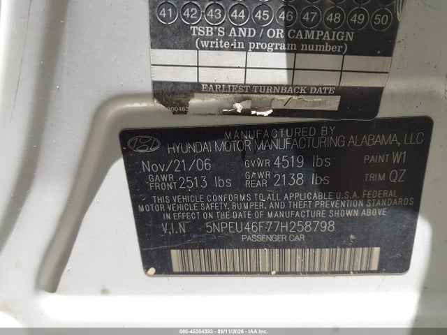 45364393 :رقم المزاد ، 5NPEU46F77H258798 vin ، 2007 Hyundai Sonata Limited/limited W/xm/se/se W/xm مزاد بيع