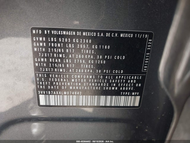 3VV1B7AX4LM074642 Volkswagen Tiguan 2.0t S