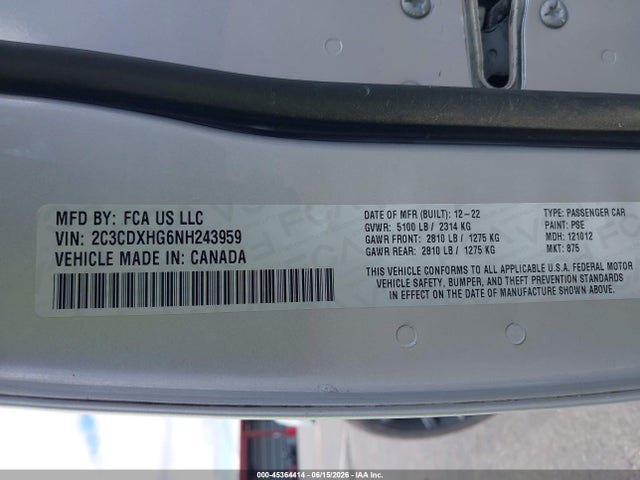 Продажа на аукционе авто 2022 Dodge Charger Gt Rwd, vin: 2C3CDXHG6NH243959, номер лота: 45364414