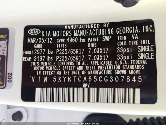 Aukcja sprzedaży 2012 Kia Sorento Lx, vin: 5XYKTCA65CG307845, numer aukcji: 45364429