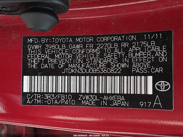 Aukcja sprzedaży 2011 Toyota Prius Two, vin: JTDKN3DU0B5360822, numer aukcji: 45364430