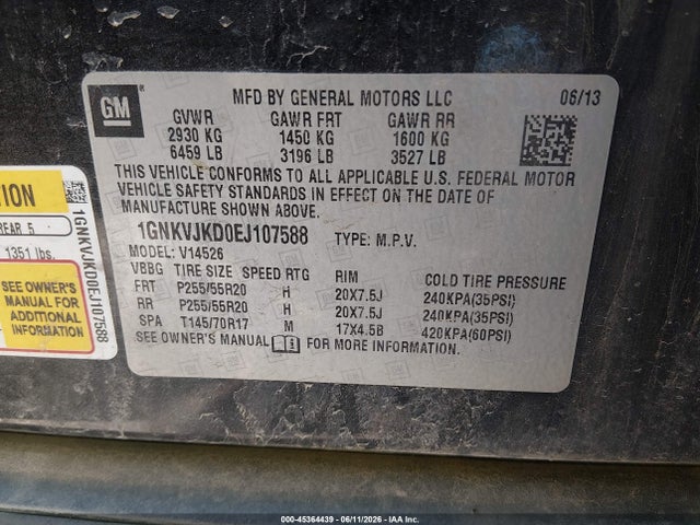 Продаж на аукціоні авто 2014 Chevrolet Traverse Ltz, vin: 1GNKVJKD0EJ107588, номер лоту: 45364439