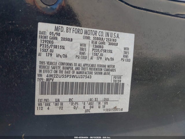 Продажа на аукционе авто 1998 Mercury Mountaineer, vin: 4M2ZU55P5WUJ37543, номер лота: 45364454