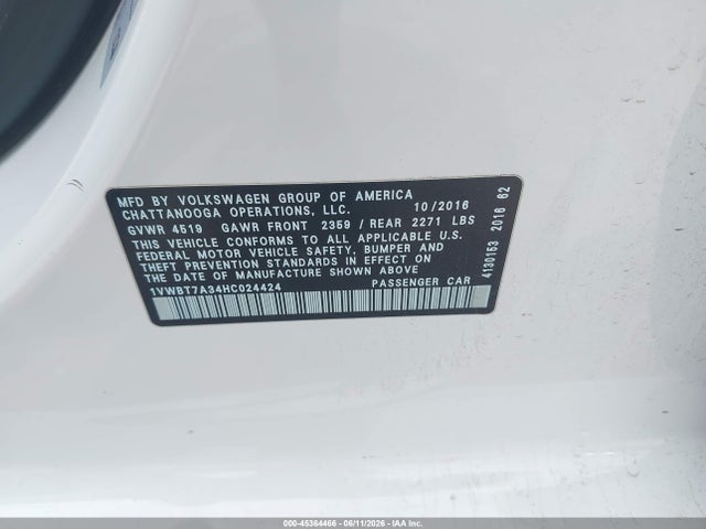 Продаж на аукціоні авто 2017 Volkswagen Passat 1.8t Se, vin: 1VWBT7A34HC024424, номер лоту: 45364466