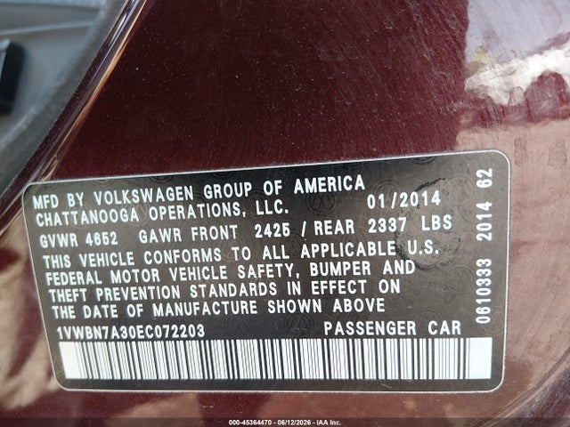 1VWBN7A30EC072203 Volkswagen Passat 2.0l Tdi Se