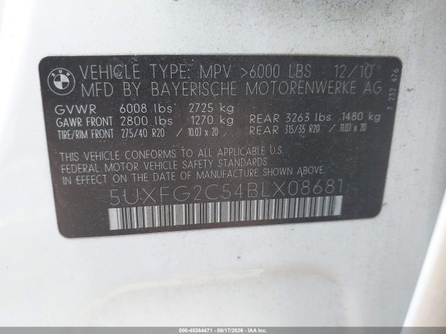 45364471 :رقم المزاد ، 5UXFG2C54BLX08681 vin ، 2011 Bmw X6 Xdrive35i مزاد بيع