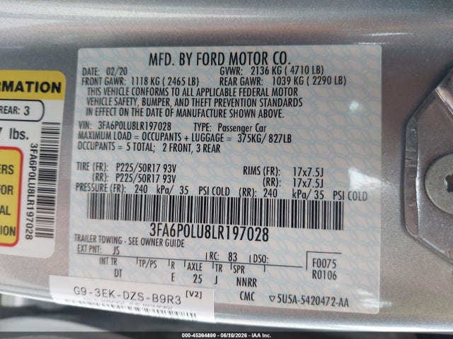 Ford Fusion Hybrid Se 2020 3FA6P0LU8LR197028 Image 9