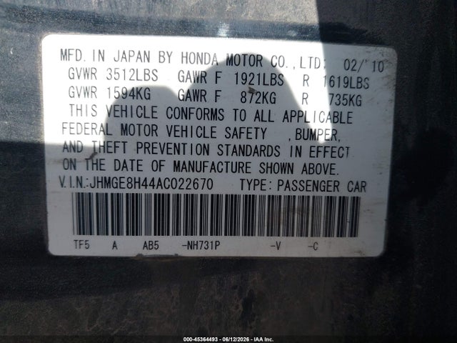 2010 Honda Fit Sport მანქანა იყიდება აუქციონზე, vin: JHMGE8H44AC022670, აუქციონის ნომერი: 45364493