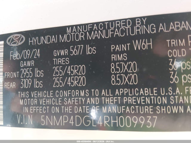 2024 Hyundai Santa Fe Limited მანქანა იყიდება აუქციონზე, vin: 5NMP4DGL4RH009937, აუქციონის ნომერი: 45364494