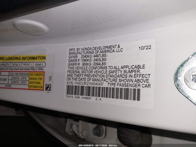 Aukcja sprzedaży 2022 Honda Accord Hybrid Sport, vin: 1HGCV3F21NA040437, numer aukcji: 45364510