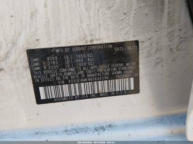 2021 Subaru Impreza Sport მანქანა იყიდება აუქციონზე, vin: 4S3GKAM69M3606396, აუქციონის ნომერი: 45364534