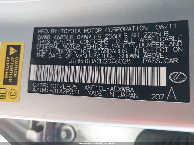 45364538 :رقم المزاد ، JTHBB1BA2B2046028 vin ، 2011 Lexus Hs 250h Premium مزاد بيع