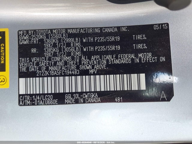 Aukcja sprzedaży 2015 Lexus Rx 350, vin: 2T2ZK1BA5FC194483, numer aukcji: 45364546