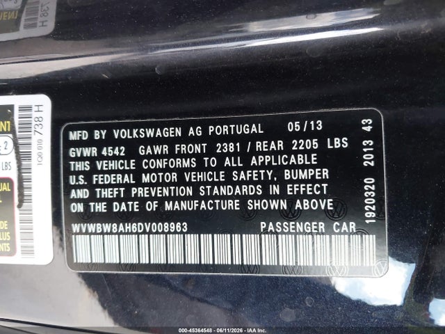 Продаж на аукціоні авто 2013 Volkswagen Eos Komfort, vin: WVWBW8AH6DV008963, номер лоту: 45364548