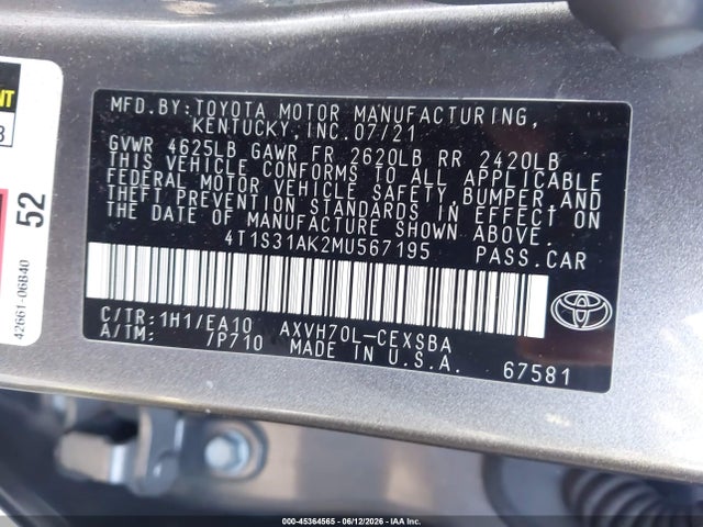 Продажа на аукционе авто 2021 Toyota Camry Se Hybrid, vin: 4T1S31AK2MU567195, номер лота: 45364565