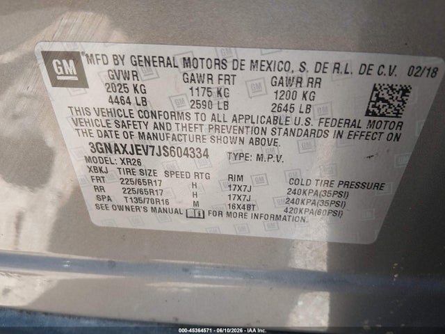 Продаж на аукціоні авто 2018 Chevrolet Equinox Lt, vin: 3GNAXJEV7JS604334, номер лоту: 45364571
