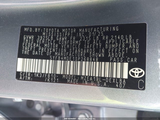 Aukcja sprzedaży 2025 Toyota Corolla Le, vin: 5YFB4MDE1SP268848, numer aukcji: 45364597