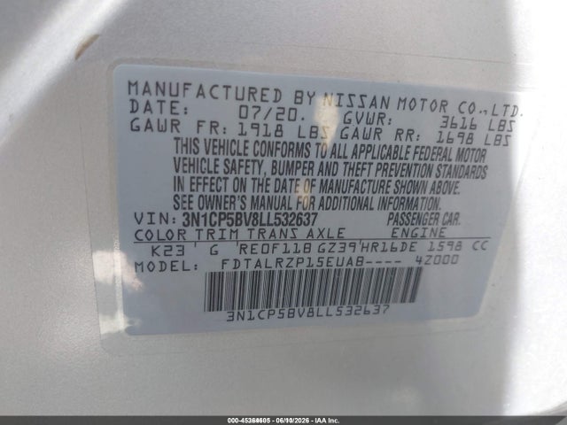 3N1CP5BV8LL532637 Nissan Kicks S Xtronic Cvt