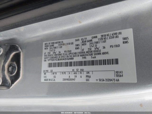 Aukcja sprzedaży 2019 Ford F-150 Xl, vin: 1FTEX1CBXKKD32989, numer aukcji: 45364608