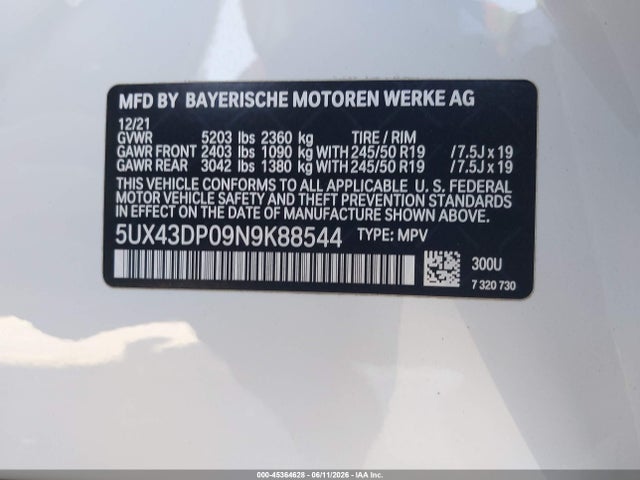 BMW X3 Sdrive30i 2022 5UX43DP09N9K88544 Image 9