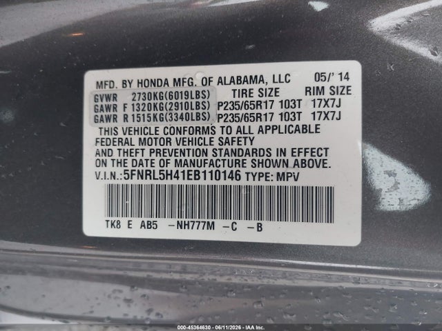 2014 Honda Odyssey Ex მანქანა იყიდება აუქციონზე, vin: 5FNRL5H41EB110146, აუქციონის ნომერი: 45364630