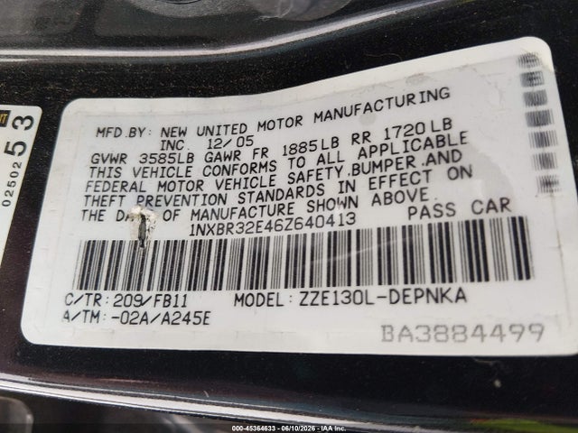 45364633 :رقم المزاد ، 1NXBR32E46Z640413 vin ، 2006 Toyota Corolla Le مزاد بيع