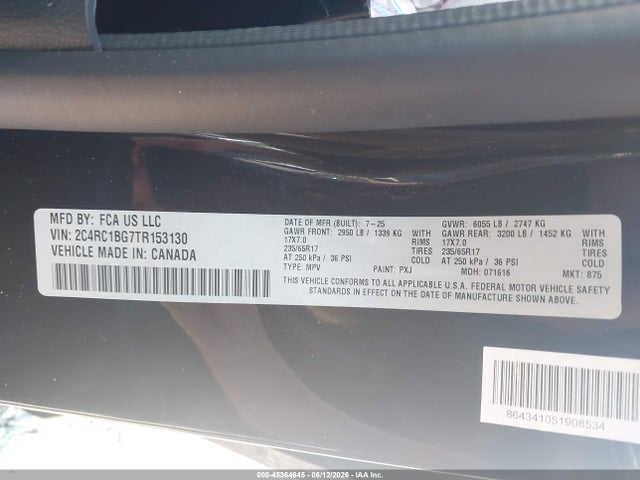 45364645 :رقم المزاد ، 2C4RC1BG7TR153130 vin ، 2026 Chrysler Pacifica Select مزاد بيع
