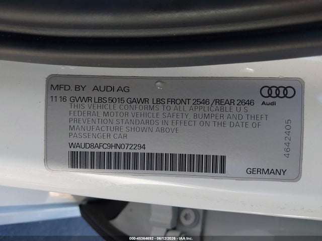 Продажа на аукционе авто 2017 Audi A6 Premium Plus, vin: WAUD8AFC9HN072294, номер лота: 45364692