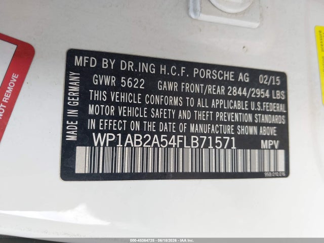 45364725 :رقم المزاد ، WP1AB2A54FLB71571 vin ، 2015 Porsche Macan S مزاد بيع