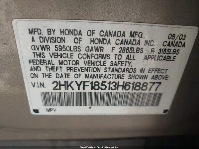 Aukcja sprzedaży 2003 Honda Pilot Ex-l, vin: 2HKYF18513H618877, numer aukcji: 45364741