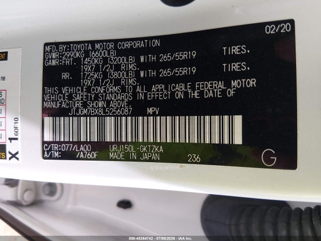 Aukcja sprzedaży 2020 Lexus Gx 460 Luxury, vin: JTJGM7BX8L5256087, numer aukcji: 45364742