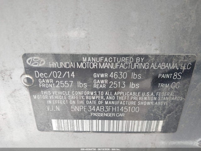 Продаж на аукціоні авто 2015 Hyundai Sonata Limited 2.0t, vin: 5NPE34AB3FH145100, номер лоту: 45364756