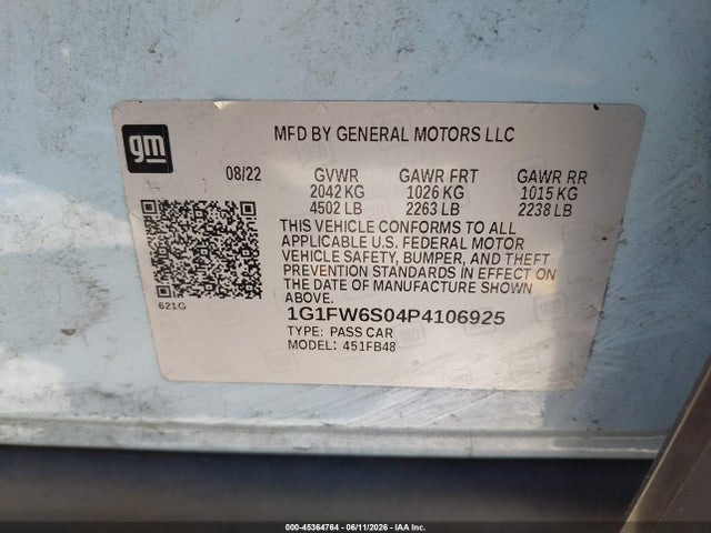 1G1FW6S04P4106925 Chevrolet Bolt Ev Fwd 1lt