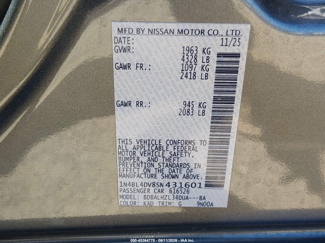 1N4BL4DV8SN431601 Nissan Altima Sv Fwd