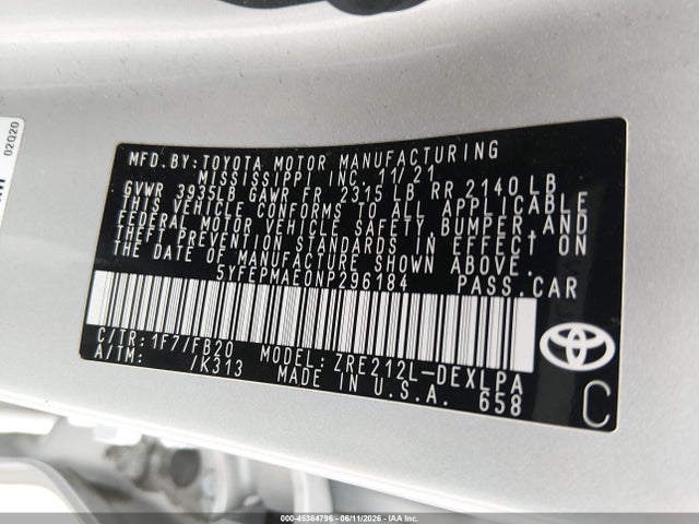 2022 Toyota Corolla Le მანქანა იყიდება აუქციონზე, vin: 5YFEPMAE0NP296184, აუქციონის ნომერი: 45364796